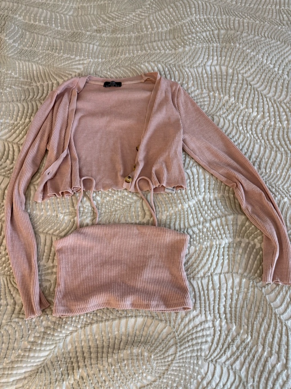 Bershka Blush Ribbed Knit Tube Top & Crop Cardigan Set